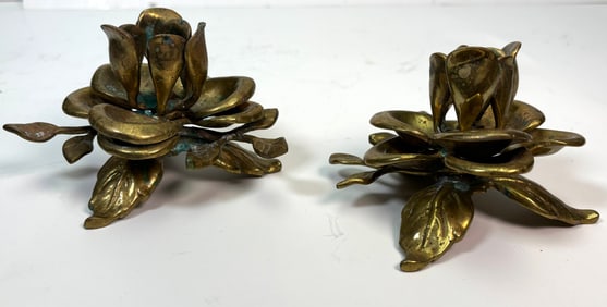Set of 2 - Antique Brass Metal Rose Candlestick Holders