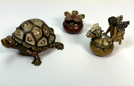 (3) Jay Strongwater Trinket Boxes - Turtle Trinket Box , Open Enamel Flower Trinket Box & Angel
