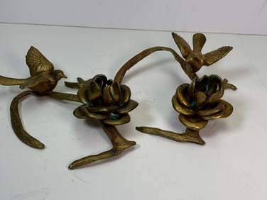 Set of 2 - Antique Brass Metal Dove on Vines w/ Roses Candlestick Holders