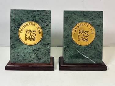 (2) Merrill Lynch Chairman's Club Wall Street Green Marble Bookends on Oak Base