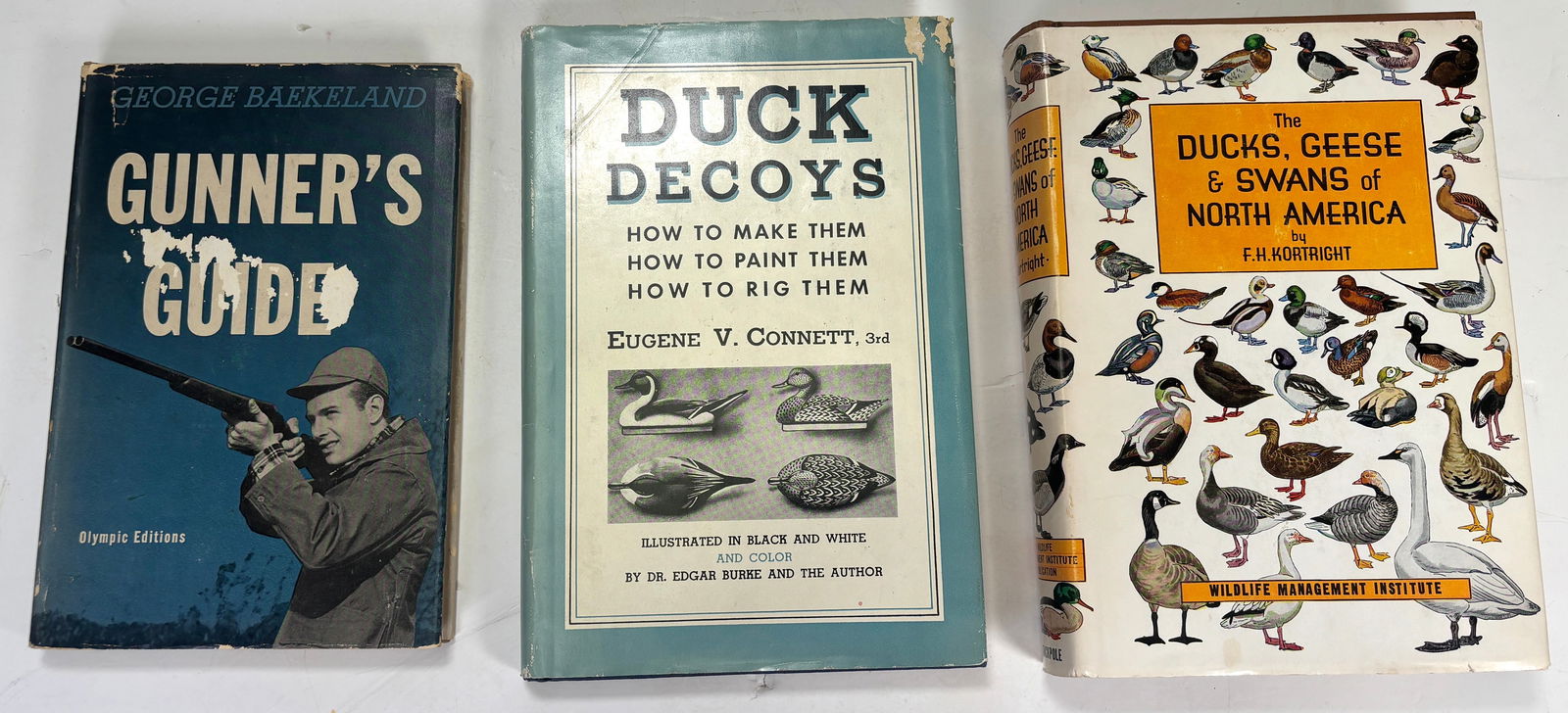 (3) Books - Duck Decoys, The Geese Ducks & Swans..., Gunner's Guide: Duck Decoys "How To.." by Eugene V. Connett- Copyright 1953 How to make Duck Decoys, how to paint them, how to make them and how to rig them. This book is in wonderful condition, the book jacket does