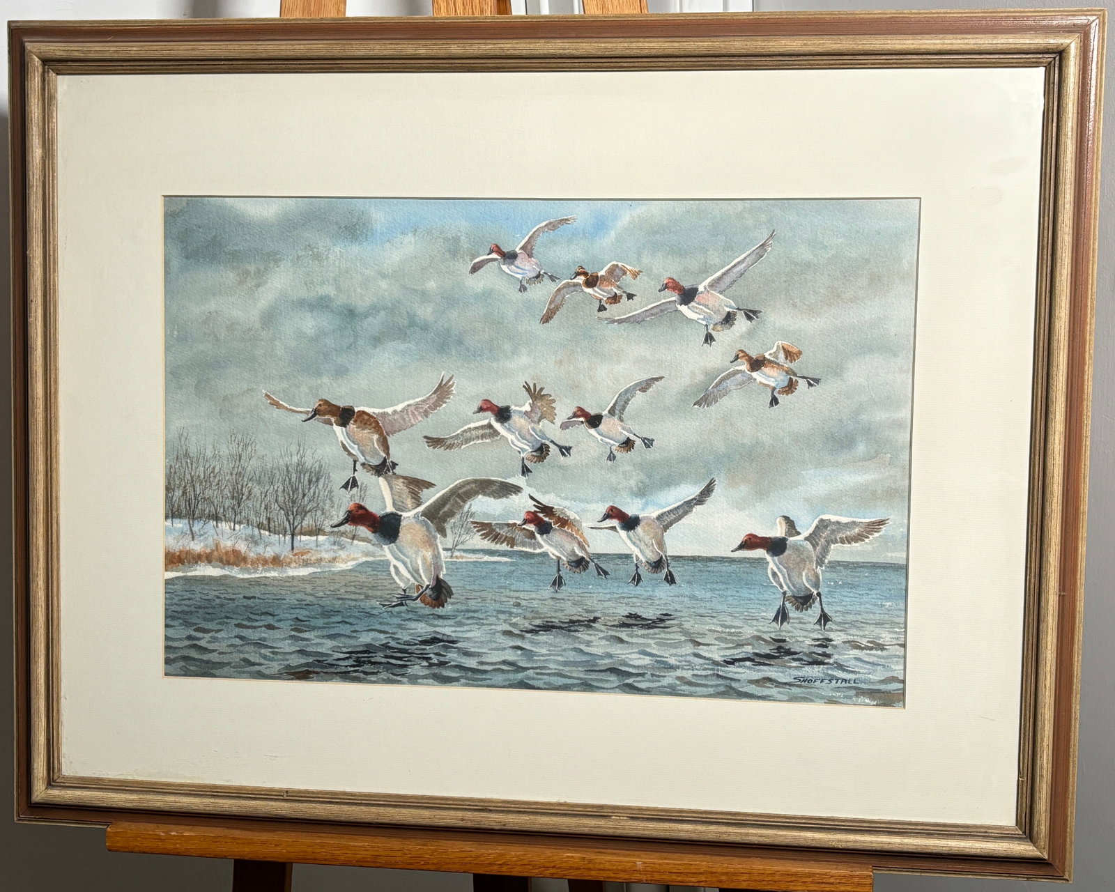 Don Shoffstall Redhead Ducks In Flight Watercolor: Don Shoffstall Redhead Ducks In Flight Watercolor. This is a beeautiful piece of art, it in in good condition. The artist used many intricate strokes to create this brilliant piece. The ducks landing 