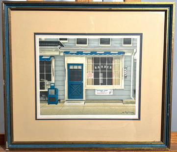 Barbershop by Andre Renoux: Barbershop by Andre Renoux. This is a nice old lithograph, it is signed by the artist Andre Renoux, the piece is not numbered. The artist captures on old school look of small town barbershops. The