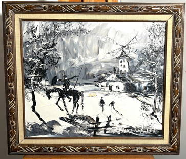 1997 Morris Katz Black and White Oil on Board Painting: 1997 Morris Katz (1932-2010) Black and White Oil on Board Painting Painting. The painting depicts a man on a horse with a field house in the background. This is a beautifully painted piece of art.