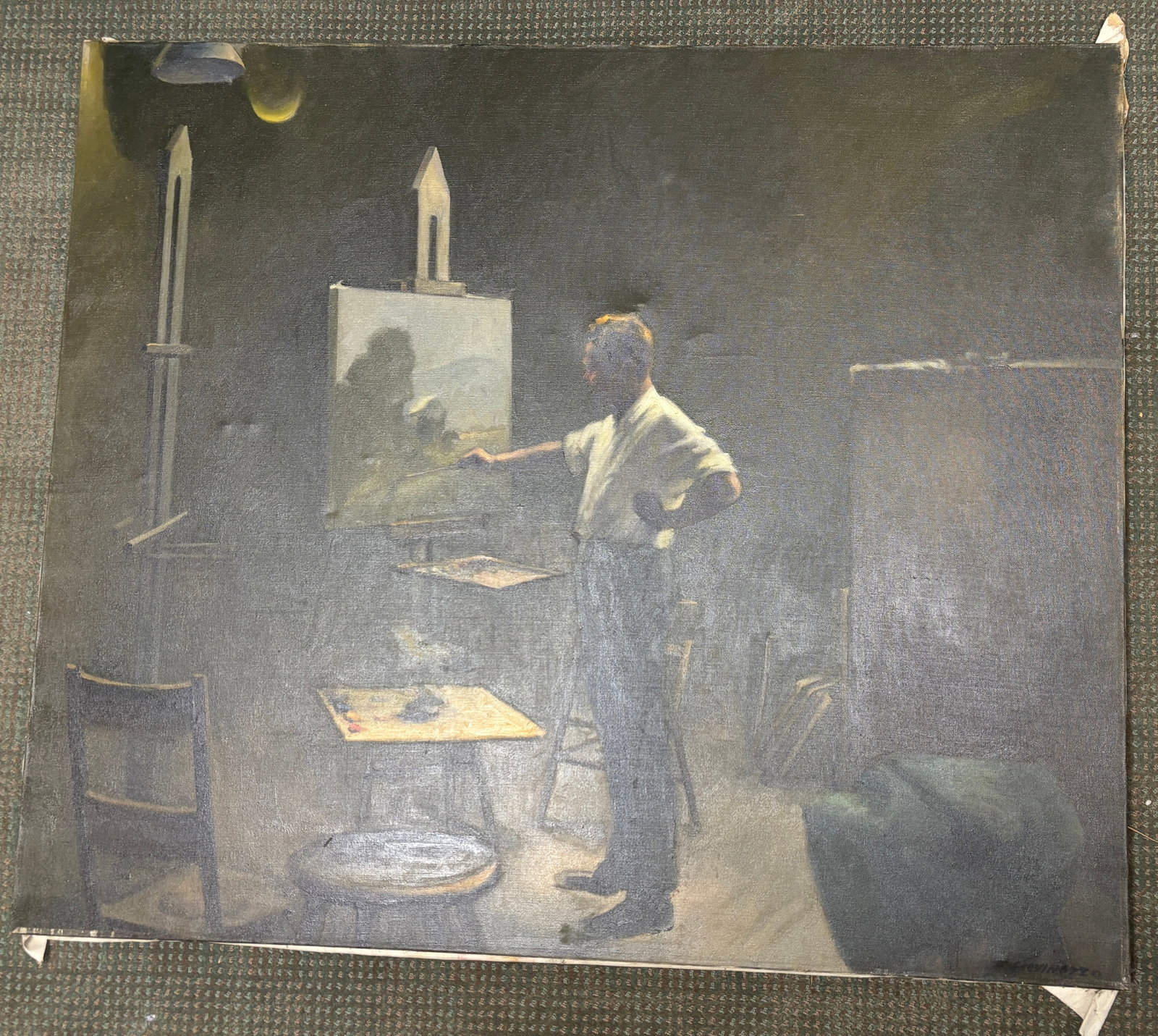 Frank Giovinazzo Oil On Canvas: Frank Giovinazzo Oil On Canvas Painting. It depicts a man in his studtio painting a scenve on his own canvas. This is a very intricate piece as it is a painting of a man painting his own work of art. 