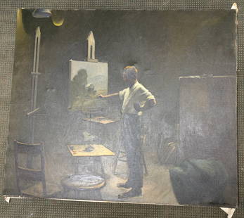 Frank Giovinazzo Oil On Canvas: Frank Giovinazzo Oil On Canvas Painting. It depicts a man in his studtio painting a scenve on his own canvas. This is a very intricate piece as it is a painting of a man painting his own work of