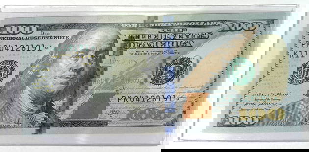 2017 A $100 Star Note Bill S/N PK04128191*: 2017 A Federal Reserve $100 Star Note Bill, The Serial No. is PK04128191*. Clean Bill. The "Star Note" designation indivates that this bill was printed to replace a mispreinted note, making it a colle