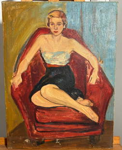 Unsigned Oil on Canvas, 'Women in Red Chair': Beautiful painting depicting a women with short blonde hair, sitting in a red arm chair with her legs propped up. This painting is unsigned with no defining markings. The painting measures