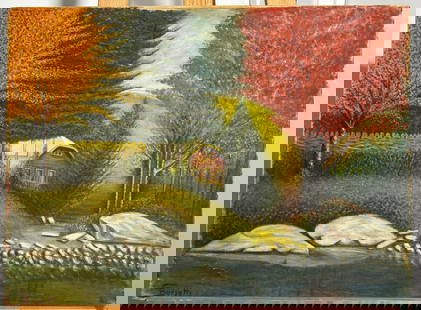S. Bursotti Fall Landscape Painting: Undated but signed by SBursotti in bottom left corner, acrylic paint on canvas. The image appears to show a painting of a rural scene with trees, a house, and water during the fall season; including