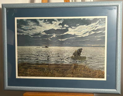 Peter Corbin Duck Sport Hunting Print: The print captures a moment of the hunt, with the dark, cloudy sky and choppy water contributing to the atmosphere of a day spent on the water. The style and subject matter are consistent with