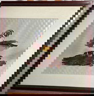 1971 North American 'Wood Duck' Painting: 1971 North American 'Wood Duck' Painting. This is a beautiful painting of a north american male wood duck; This duck is a fascinating species of dabbling duck, particularly notable for their colorful