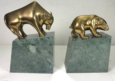 Vintage Set of Wall Street Bear & Bull Brass Marble Book Ends
