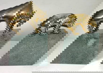 Vintage Set of Wall Street Bear & Bull Brass Marble Book Ends: Vintage Set of Wall Street Bear & Bull Brass Marble Book Ends. These are iconic poised figurines ontop of rich green marble. The bear, head lowered, symbolizes market downturns while the bull, horns