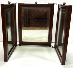 Antique Tri-Fold Hanging Wooden Vanity Shaving Mirror