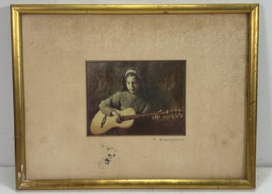 Vintage F. Giovinazzo  Signed Painting Girl Playing Guitar