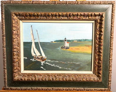 Vintage Oceanic Beach Front Oil on Canvas Painting: Vintage Oceanic Beach Front Oil on Canvas Painting. This is a beautfiully painted piece of artwork. It is not signed. It depicts a oceanic scene, a boat in sailing through the waves on a beautiful day