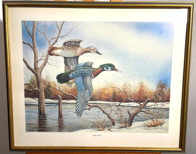 Winter Pond 52/300 Print Signed by Allen Hughes: Winter Pond 52/300 Print Signed by Allen Hughes . This is a beautiful print, It is in great condition. It is a great piece of artwork for any living space. The measurements of the framed piece is 28