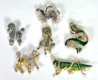 (6) Vintage Gold/Silvertone Brooches - Poodles, Cricket, Fish & Abstract