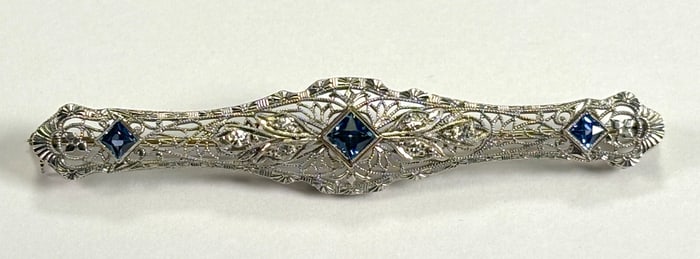 1920s 14kt White Gold & Yellow Gold w/ Sapphire & Diamond Chip Tie Pin