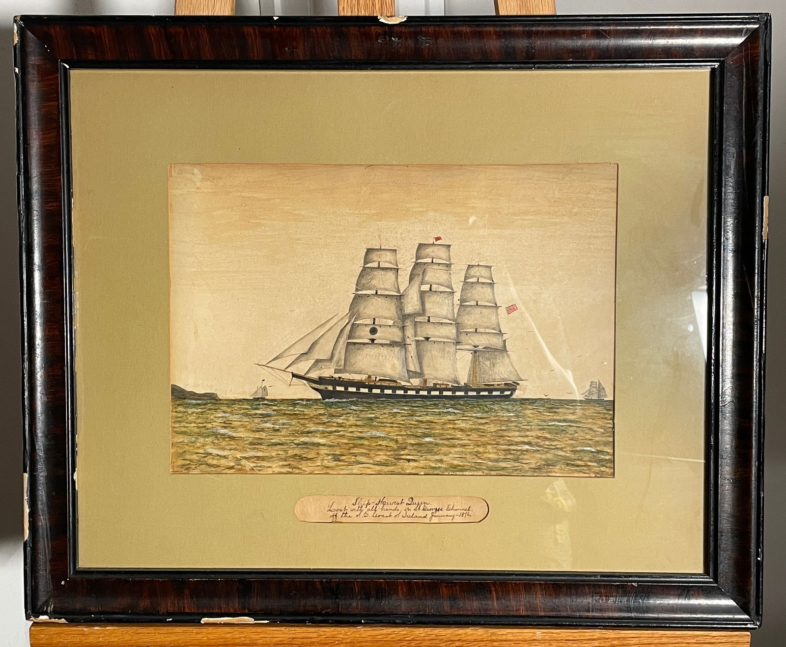 Antonio Jacobsen 1902 The Harvest Queen: 1902 The Harvest Queen by Antonio Jacobsen. This is a beautiful old piece from the early 1900s. Signed in the lower right corner, this beautiful painting depicts a ship, which was likely a packet from