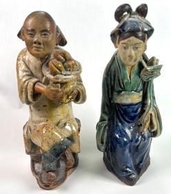 (2) Chinese Mudman / Mudwomen Glazed Figurines