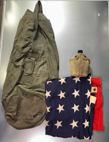 United States Army M1910 Canteen, Army Green Duffle Bag & United States of America Flag