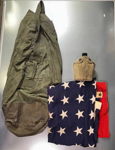 United States Army M1910 Canteen, Army Green Duffle Bag & United States of America Flag: This is a cool lot of United States Army Memorabilia. (1) United States Army M1910 Canteen, which was an essential piefe of equipment for american soldiers, it was particularly used during world war I