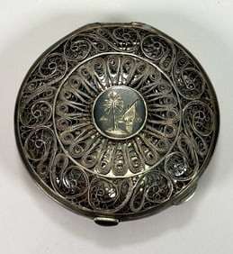 Antique Iraqi Solid Silver Filigree Niello Ladies Compact Case
