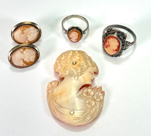 5. Vintage 4pc Cameo Jewelry Set - Brooch, Earrings, & 2 Rings