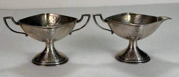 Vintage Sterling Silver Weighted Hand Hammered Sugar Bowl & Creamer