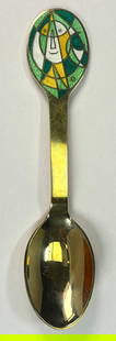 A. Michelsen Christmas Spoon: The Mask - Egil Jacobsen - 1980 24kt Gold Plate over 925 SS w/ Enamel: A. Michelsen Christmas Spoon - The Mask - Egil Jacobsen - 1980. A beautiful 24kt Gold Plate over 925 Sterling silver spoon with a green enamel mask design. It captures the essences of holiday
