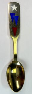 A. Michelsen Christmas Spoon - Cornets - Soren Sass - 1954 - 24kt Gold Plated over 925 SS: A. Michelsen Christmas Spoon - Cornets - Soren Sass - 1954. A beautiful 24kt Gold Plate over 925 Sterling silver spoon with Three Triangle and Star enamel design. It captures the essences of holiday