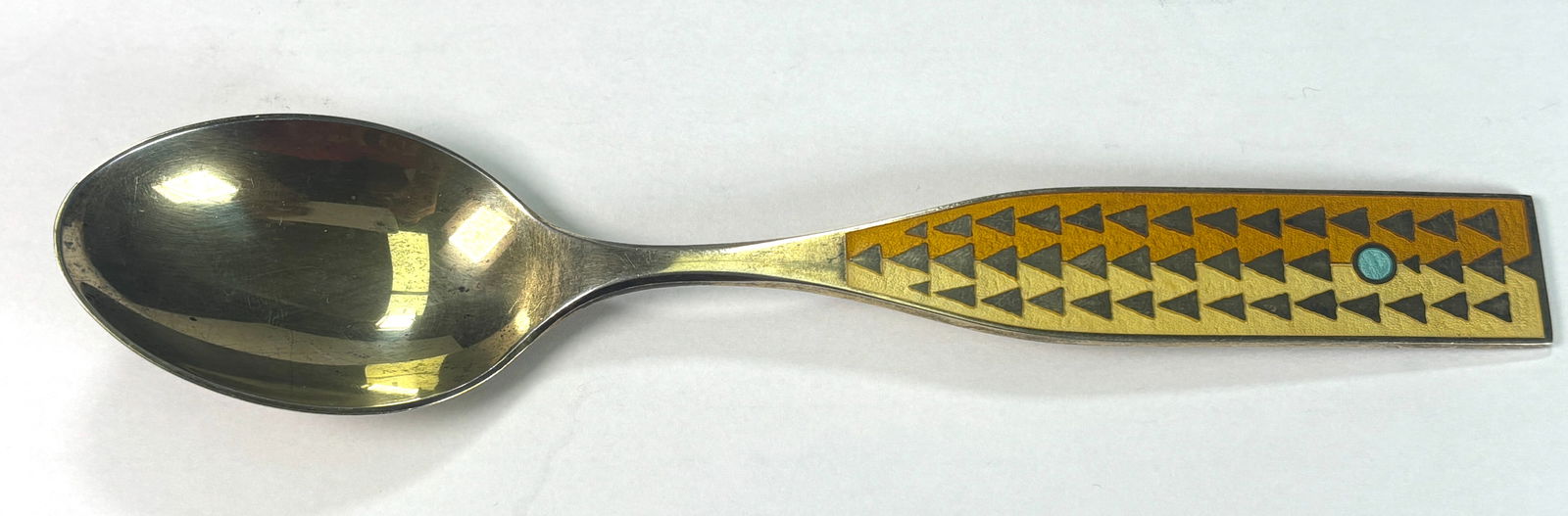 A. Michelsen Christmas Spoon - Winter Solstice - Rolf Middelboe - 1960 - 24kt G.P. over 925 S.S.: A. Michelsen Christmas Spoon - Winter Solstice - Rolf Middelboe - 1960. A beautiful 24kt Gold Plate over 925 Sterling silver spoon with beautiful enamel design. It captures the essences of holiday mys