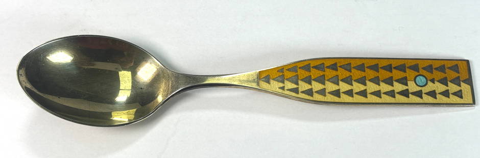 A. Michelsen Christmas Spoon - Winter Solstice - Rolf Middelboe - 1960 - 24kt G.P. over 925 S.S.: A. Michelsen Christmas Spoon - Winter Solstice - Rolf Middelboe - 1960. A beautiful 24kt Gold Plate over 925 Sterling silver spoon with beautiful enamel design. It captures the essences of holiday