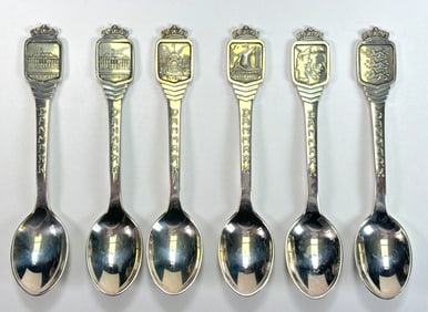 Set of 6 Danmark Denmark 925 Sterling Silver 4" Souvenir Spoons