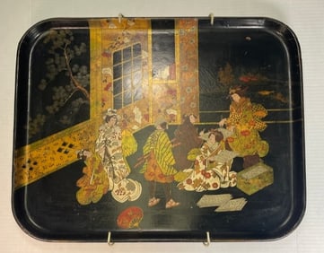 Large Japanese Papier-Mache Tray with Geisha Scene Meiji Period