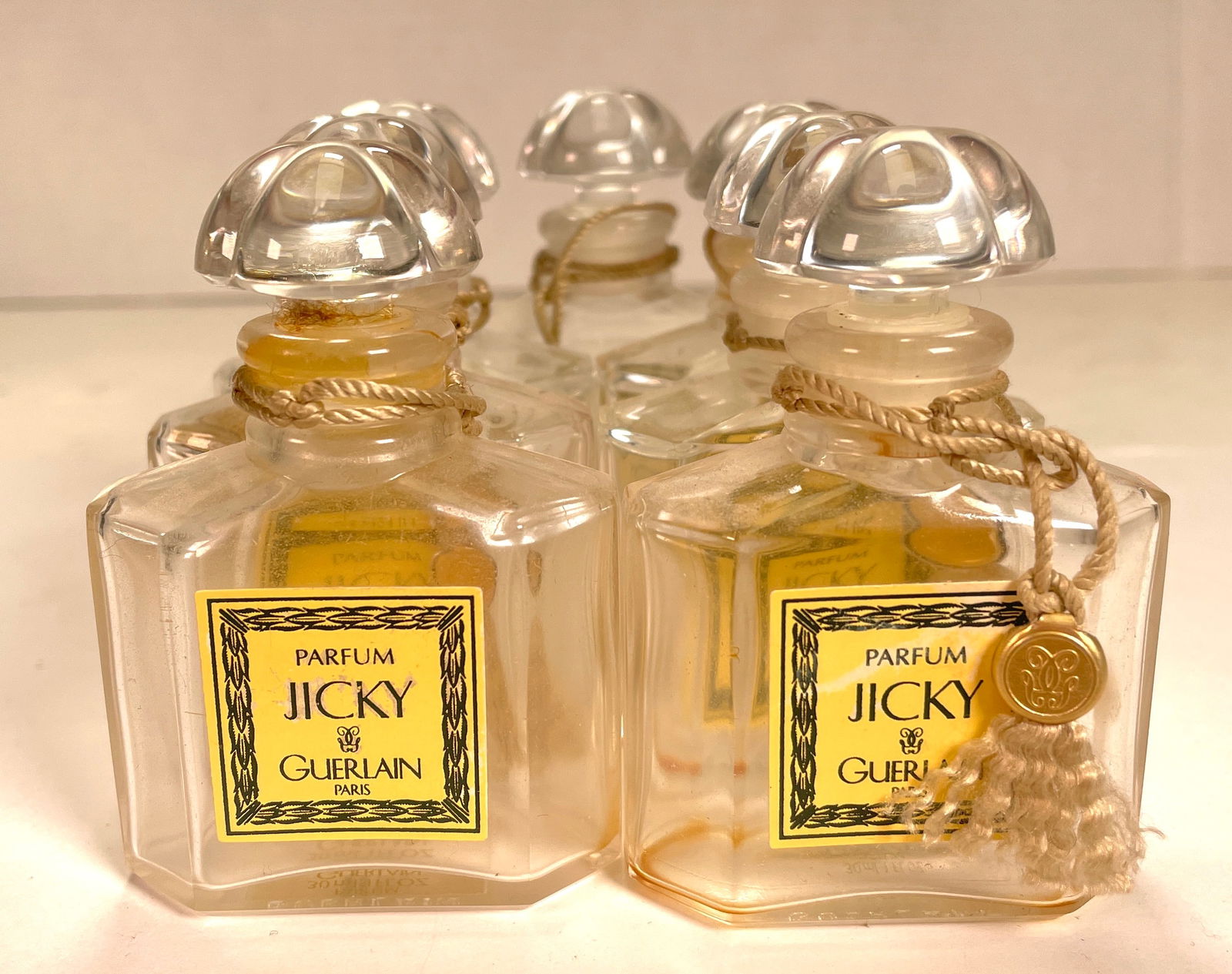 7 Vintage Guerlain Paris Jicky 1Fl Oz Baccarat Parfum Bottle with Stoppers Made in France: 7 Vintage Guerlain Paris Jicky 1Fl Oz Baccarat Parfum Bottle with Stoppers Made in France. These are beautiful parfum bottles, they are all meticulously crafted in baccarat bottles. The design reflect
