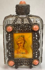 Antique Ludwig Scherk 1934 Renaissance Perfume Bottle w. Metal Bejeweled Filigree Caseing