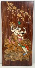 Vintage Krishna and Radha Inlaid Wood Wall Hanging Handcrafted Hindu Art