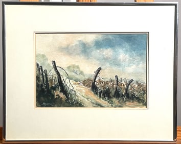 Framed Rustic Landscape Watercolor Painting Signed