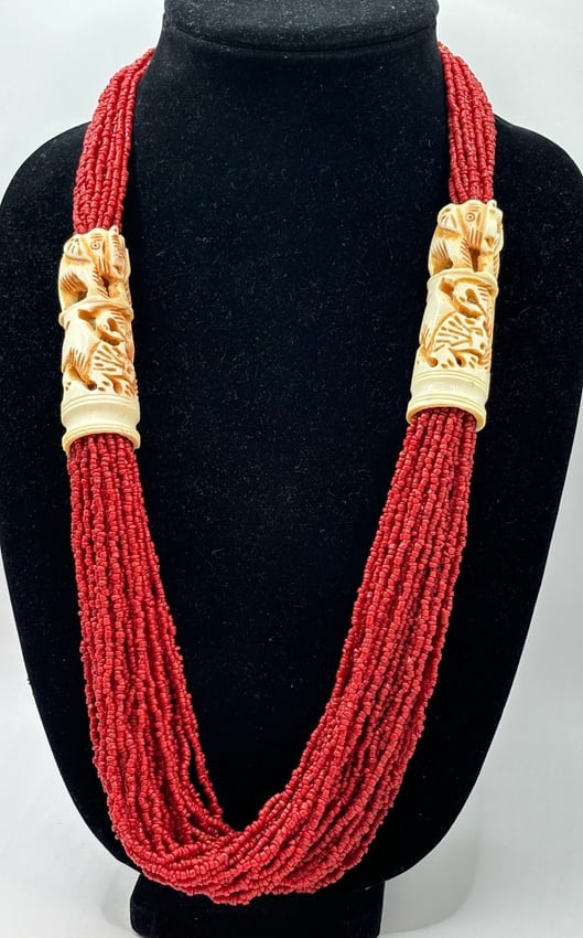 Vintgae Rare Coral / Bone Multistrand Beaded Necklace (1 of 6)