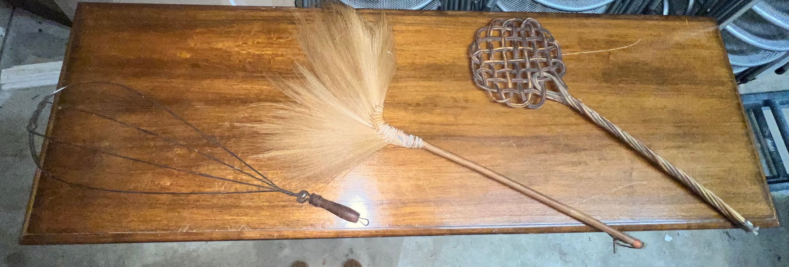 4 Vintage Rug Beaters: These are four vintage rug beaters; They are charming relics of a time when elbow grease was the key to a clean home. Crafted from materials like durable wood, rattan or wire, these tools were designe