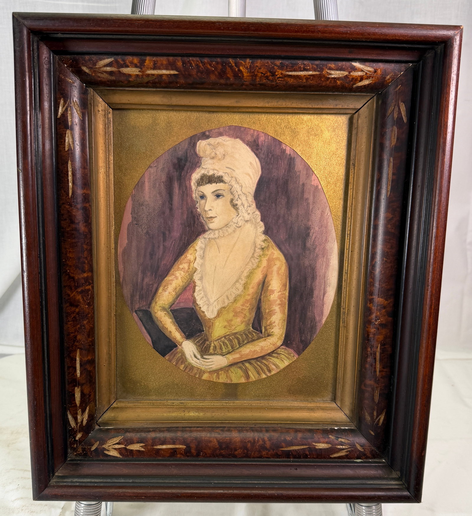 Antique Style Portrait of Lady - Watercolor: Antique Style Portrait of Lady, It is ia beautiful watercolor painting. It is in good condition, It is a depiction of a lady in early 19th - century historic attire, a golden-yellow gown; A beautiful
