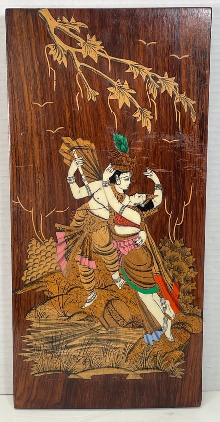 Vintage Krishna and Radha Inlaid Wood Wall Hanging Handcrafted Hindu Art: Vintage Krishna and Radha Inlaid Wood Wall Hanging Handcrafted Hindu Art. A very intricate piece, havent' come across many like it, it is in good condition, the design on the front it bold and will