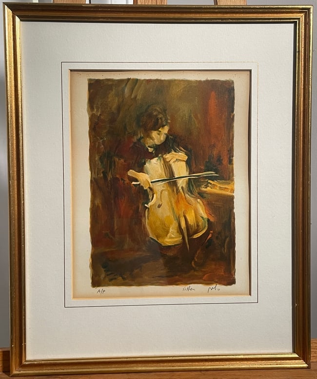 Cello Player Lithograph - Artist Proof - Signed: Cello Player - Artist Proof - Signed. This is a beautiful piece of artwork, it is signed by the artist but it is not very legible. This is a great piece for my music lovers. The piece is signed the