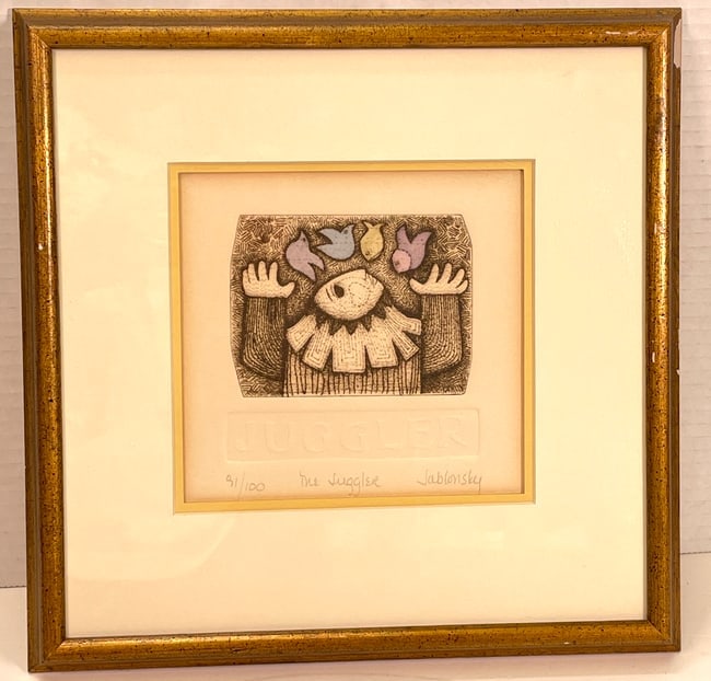 The Juggler 91/100 by Carol Jablonsky Etching Signed Framed: The Juggler 91/100 Carol Jablonsky Etching Signed Framed. This piece is signed on the lower right, numbered on the lower left, titled in the center and beautifully framed. Measurements: Frame: 10