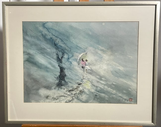 Vintage Jin Ming Watercolor Painting: A nice vintage watercolor painting by Jin Ming, it is in good condntion. The artist uses many pastle colors to bring an eire feeling to the piece. A great piece to have in your den or living space. Th