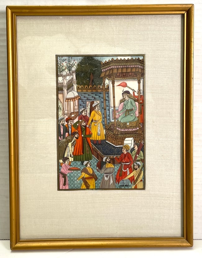 (4) Mughal Miniature Framed Paintings: 4 Framed Mughal Miniature Paintings. (1) The Heritage Keeper Home. A magnificent example of traditional Indian painting. This miniature showcases the skilled brushwork and attention to detail characte