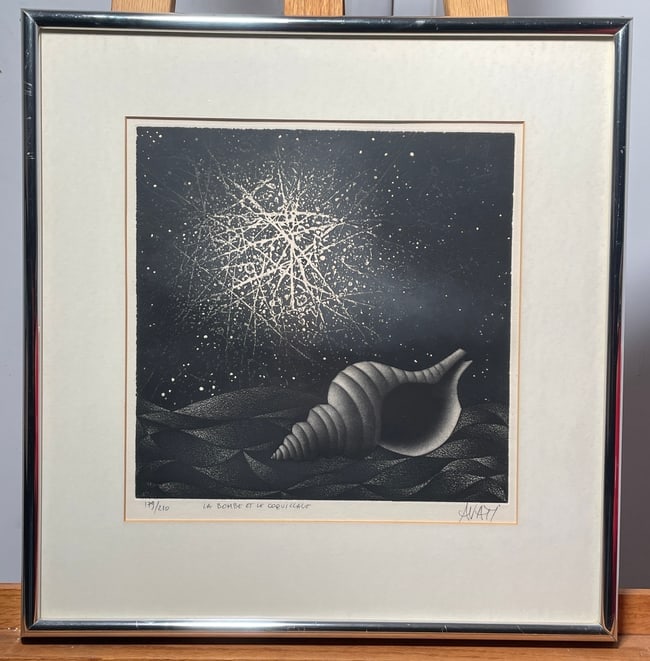 1965 La Bombe Et Le Coquillace by Mario Avati 179/210 Print: 1965 La Bombe Et Le Coquillace by Mario Avati 179/210 Print. The technique used my Avati is mezzotint and aquatint. It is titled and editioned in pencil, signed by the artist. A beautiful piece of wor