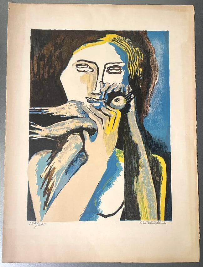 Ossip Zadkine "Woman With Dove" Signed & Numbered Colored Lithograph 154/200: Ossip Zadkine (1888 - 1967) was a French - Russian artist known for his figurative - Cubist sculptures and artwork. The artist had achieved considerable acclaim by his death on November 25, 1967 in Pa